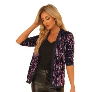 Allegra K Women's Sequin Cardigan  3/4 Sleeve Open Front Party Velvet medium